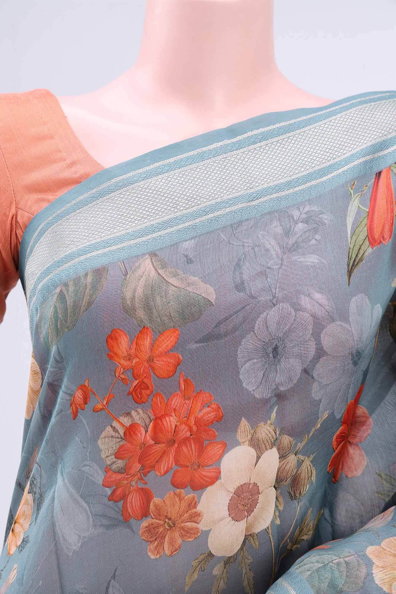 Blue Grey Chanderi Silk Cotton Saree