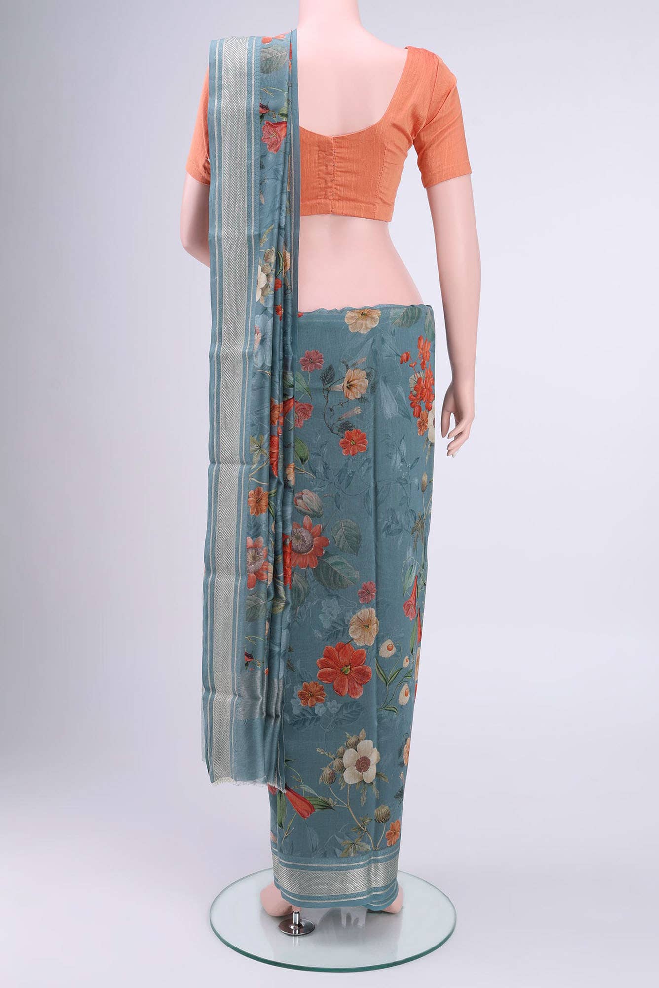 Blue Grey Chanderi Silk Cotton Saree