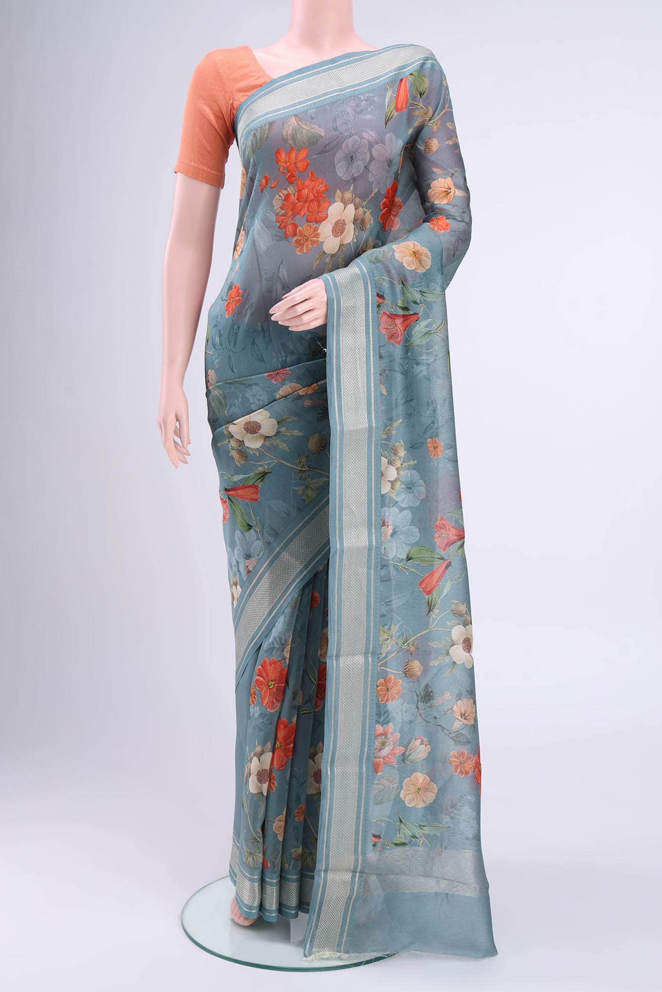 Blue Grey Chanderi Silk Cotton Saree
