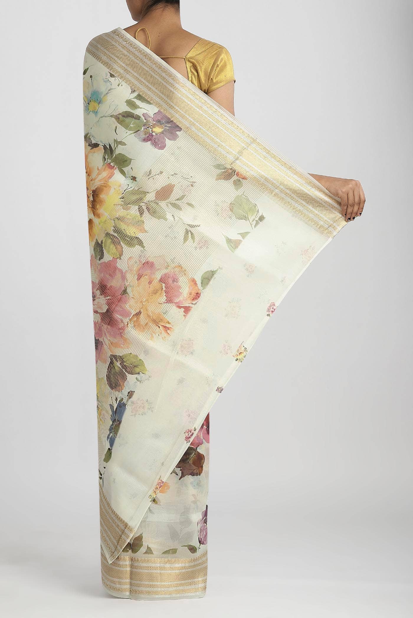 Cream Organza Silk Saree