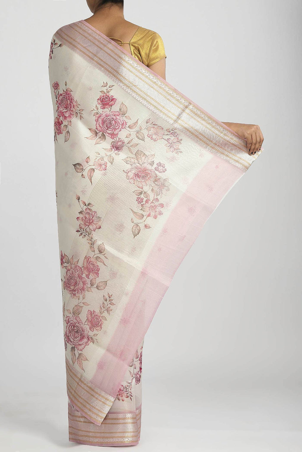 Cream Organza Silk Saree