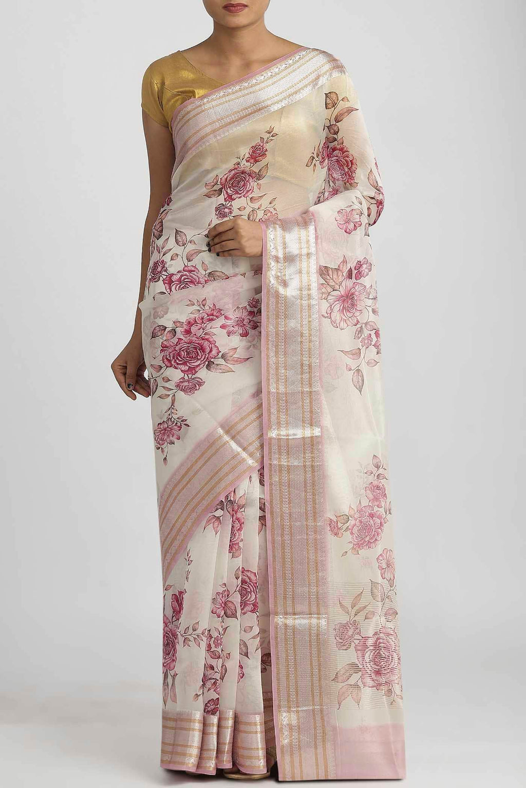Cream Organza Silk Saree