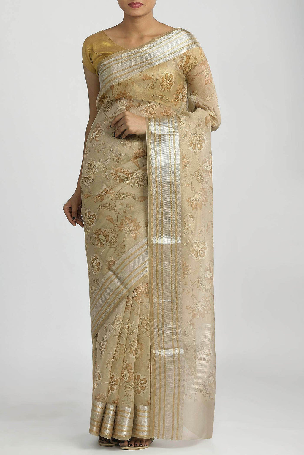 Beige Organza Silk Saree