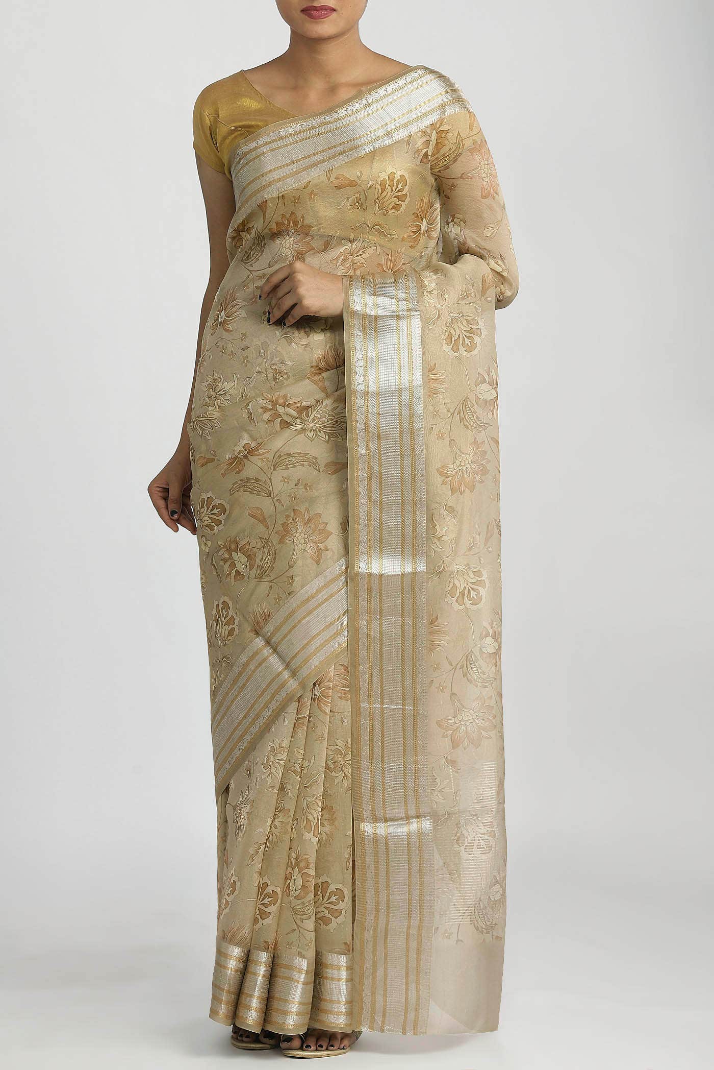 Beige Organza Silk Saree
