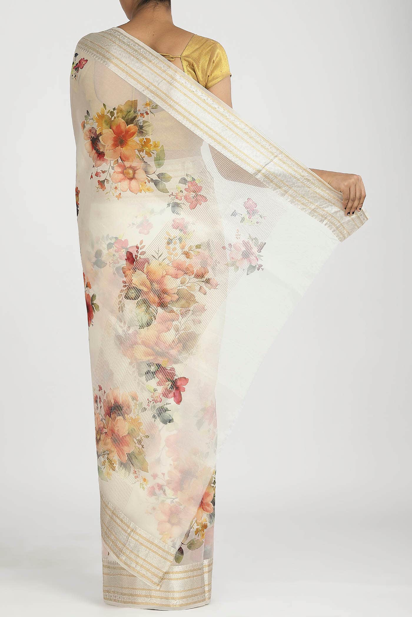 Cream Organza Silk Saree