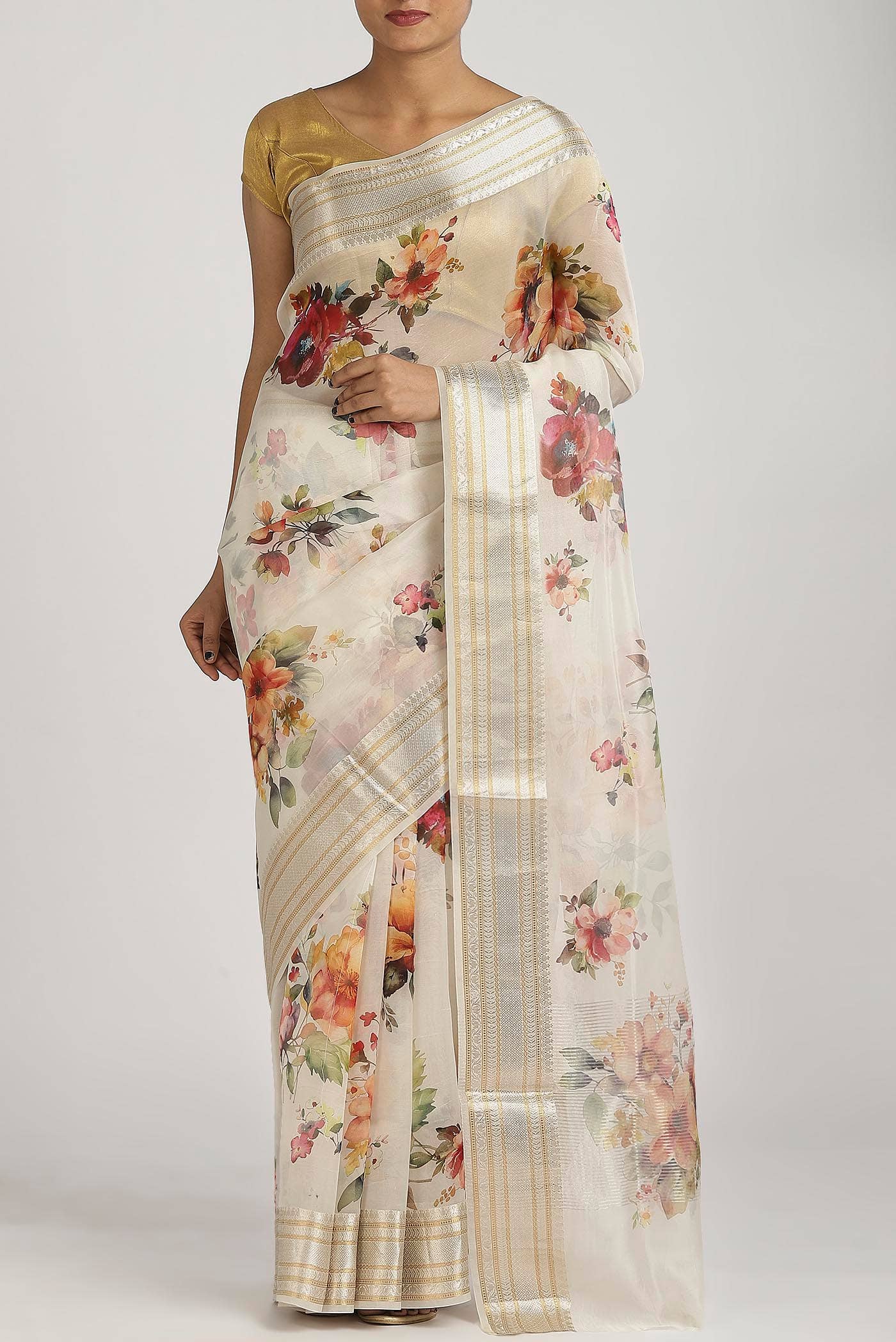 Cream Organza Silk Saree