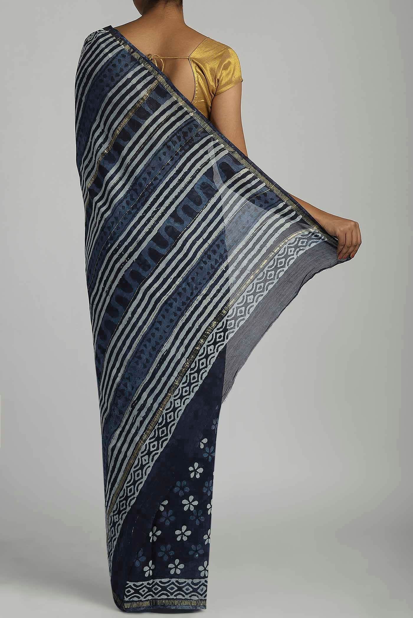 Navy Blue Chanderi Silk Cotton Saree
