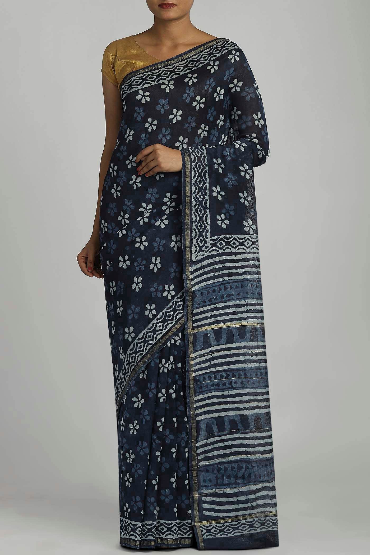 Navy Blue Chanderi Silk Cotton Saree