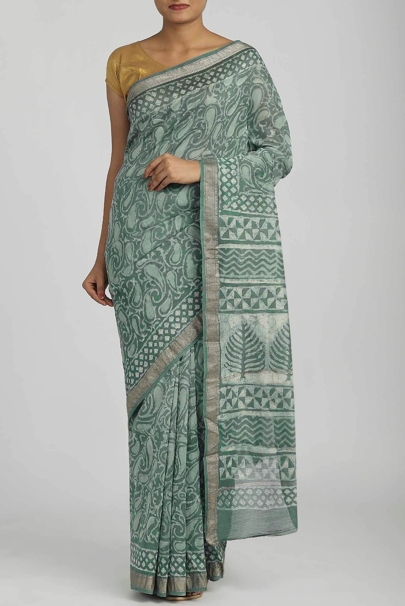 Sage Green Maheshwari Silk Cotton Saree