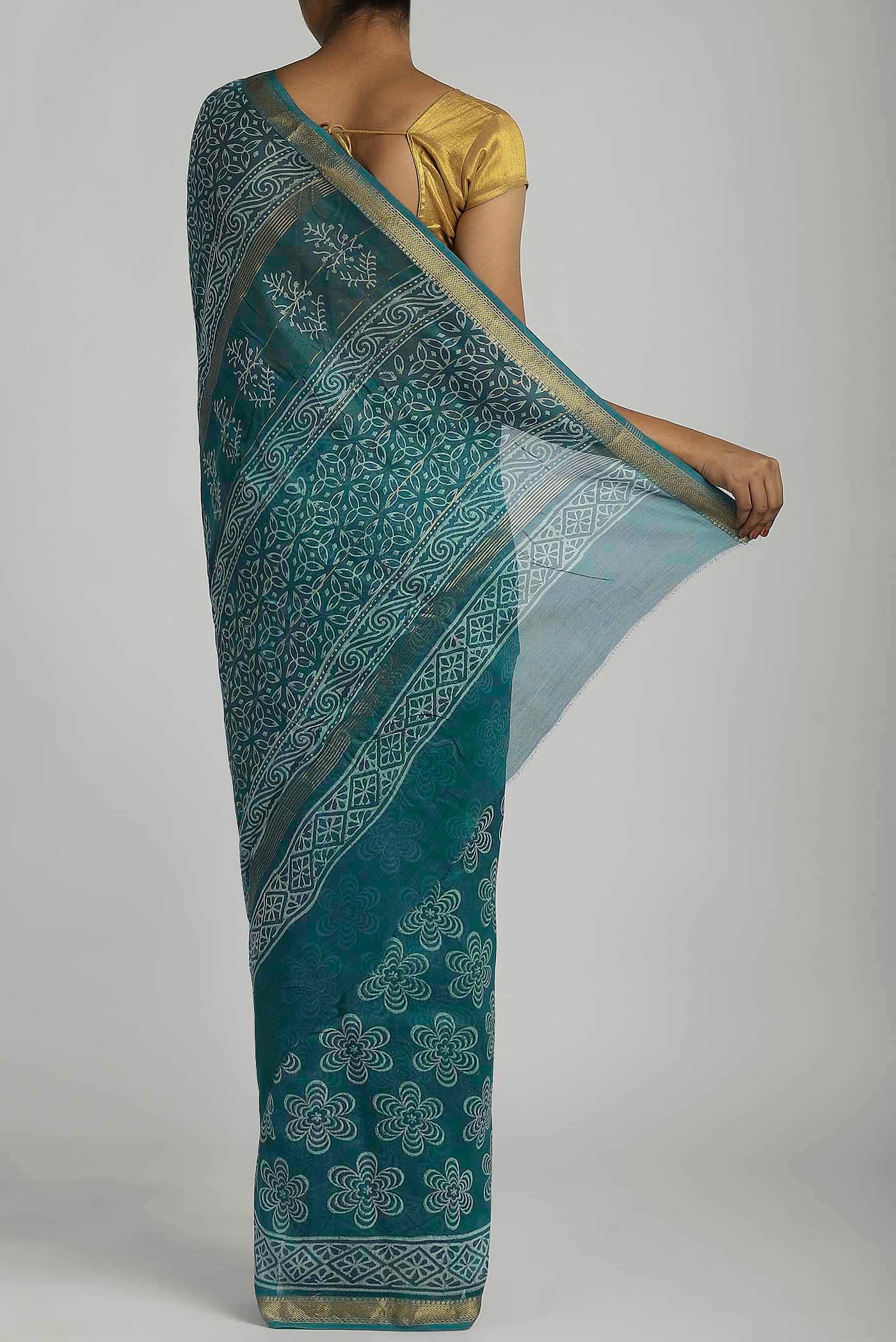 Turquoise Maheshwari Silk Cotton Saree