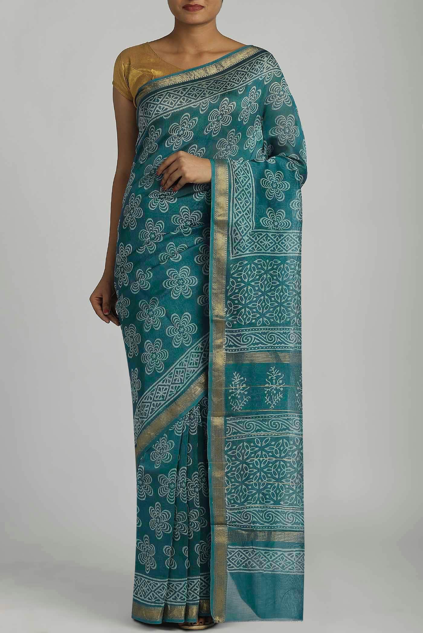 Turquoise Maheshwari Silk Cotton Saree