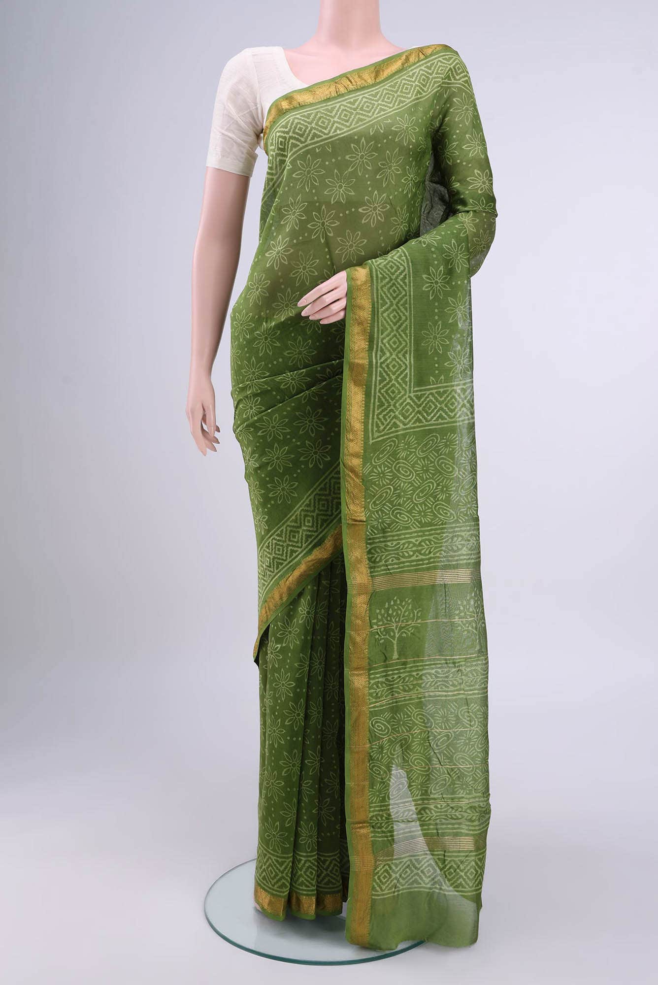 Light Green Maheshwari Silk Cotton Saree