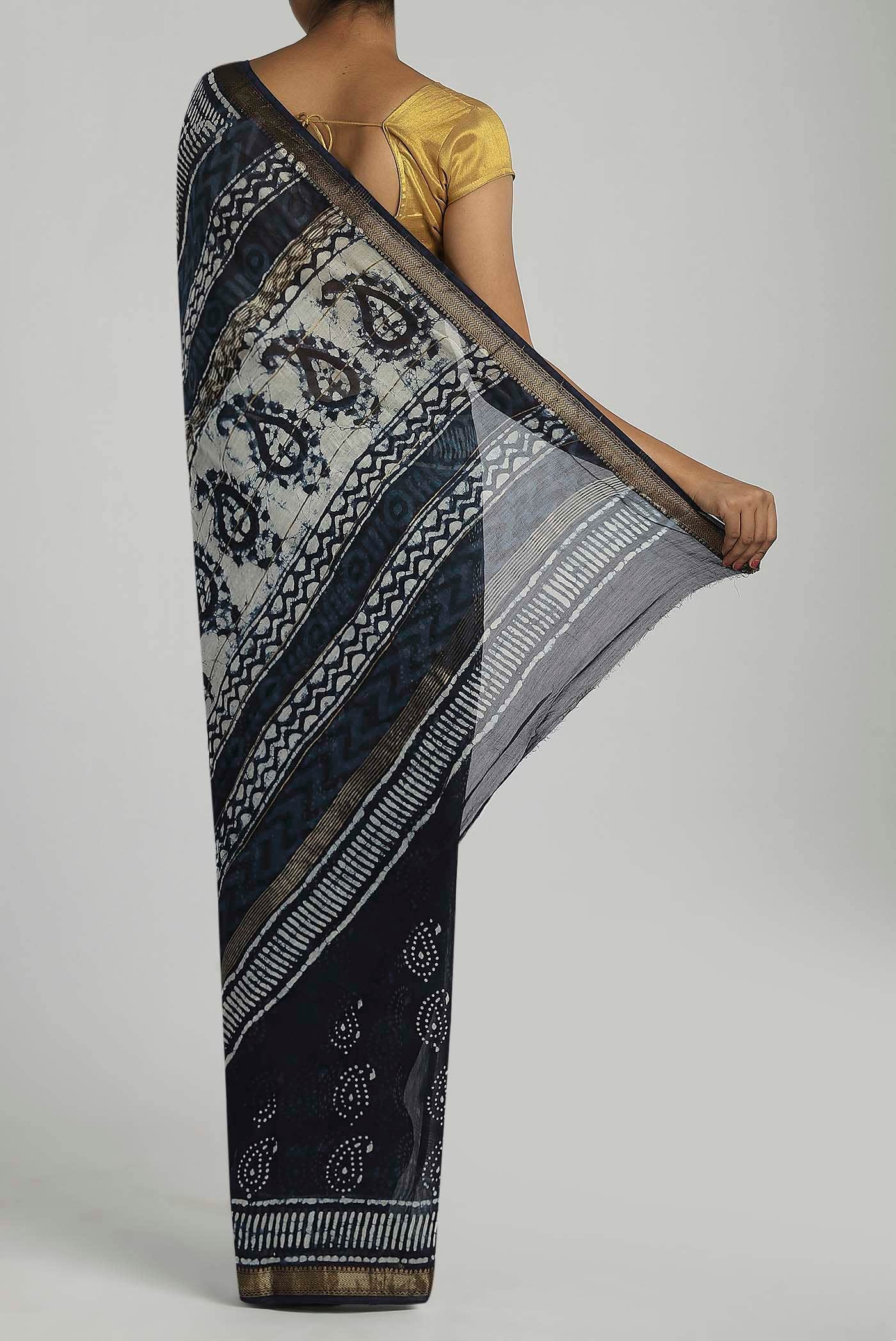 Navy Blue Maheshwari Silk Cotton Saree