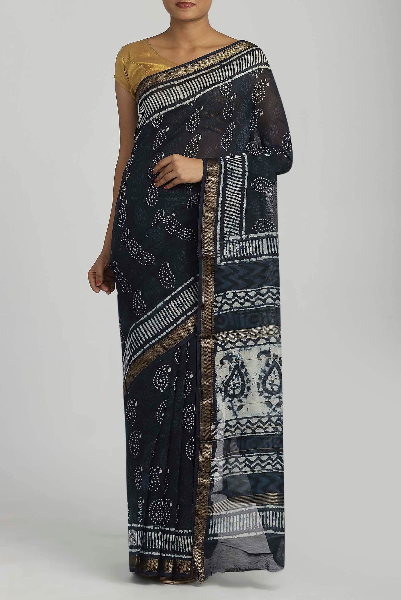 Navy Blue Maheshwari Silk Cotton Saree