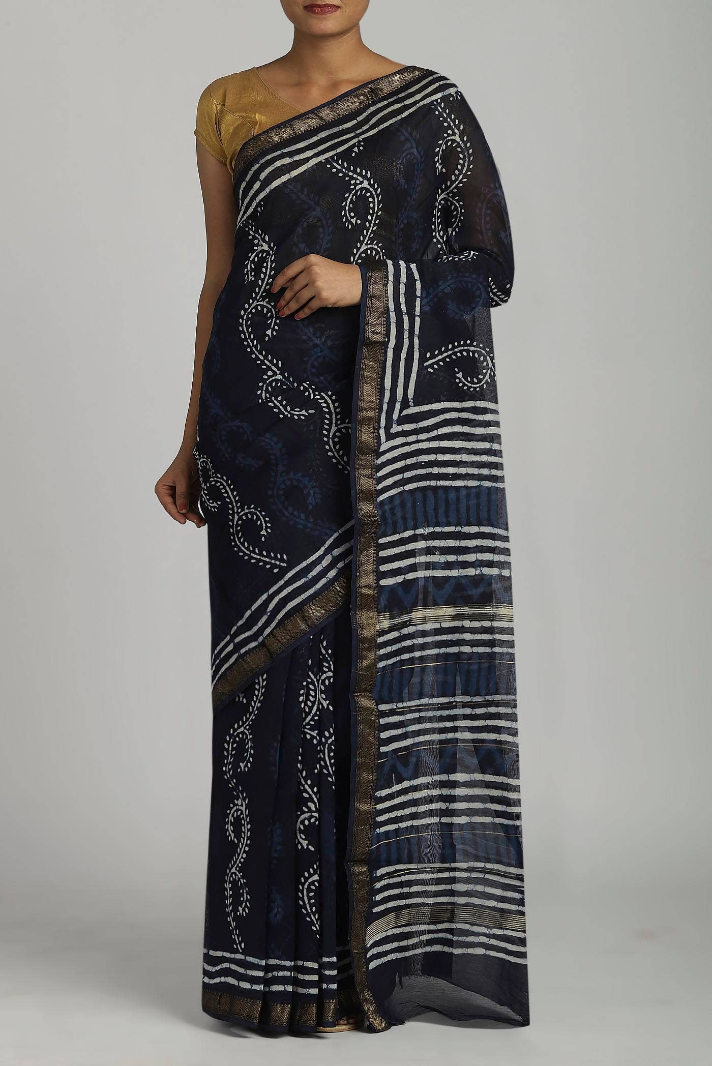 Navy Blue Maheshwari Silk Cotton Saree