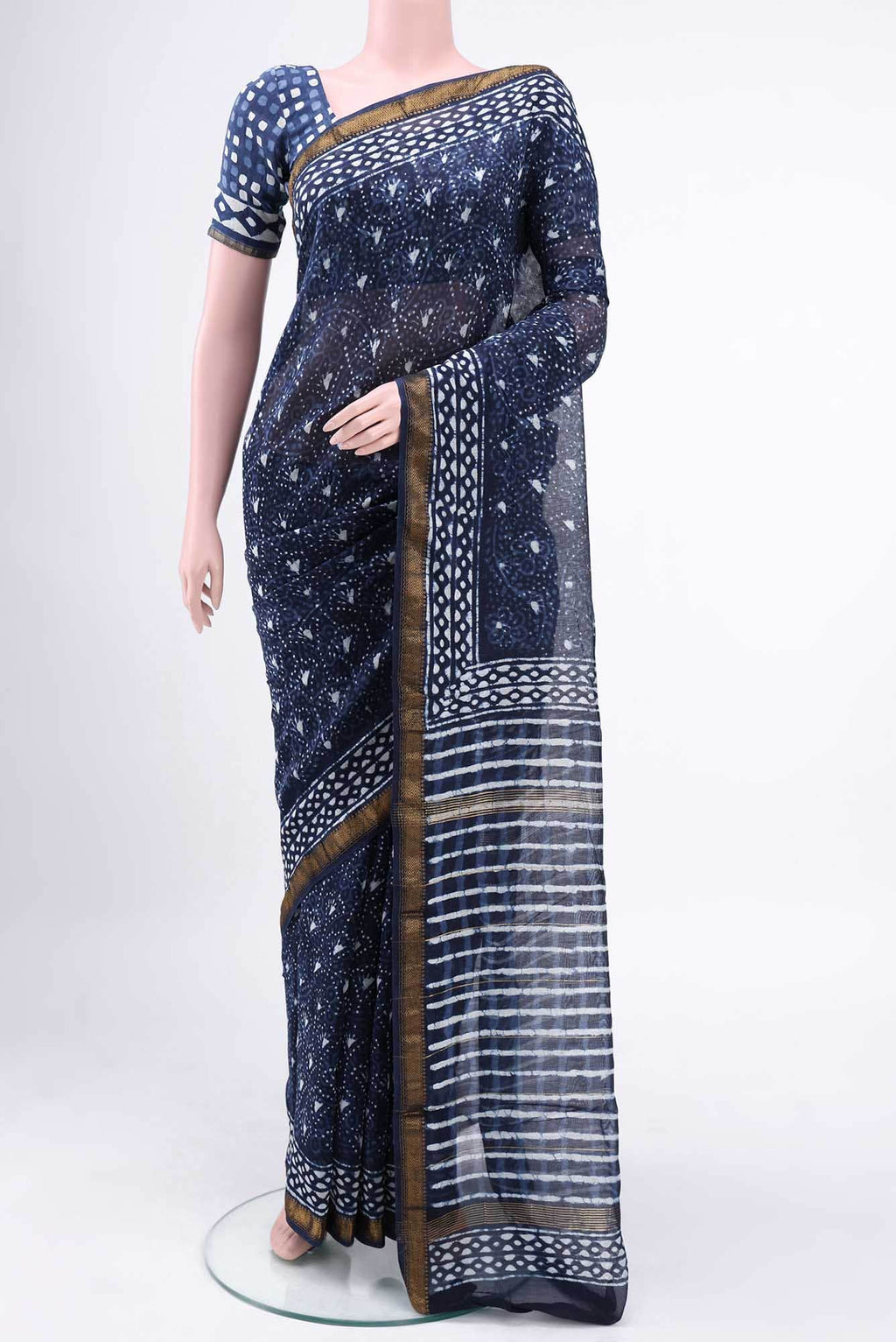Indigo Maheshwari Silk Saree