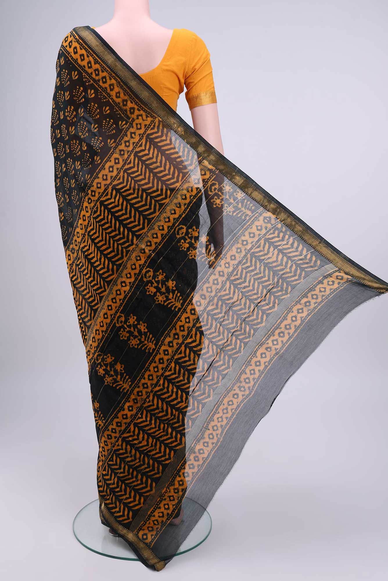 Black Printed Cotton Saree