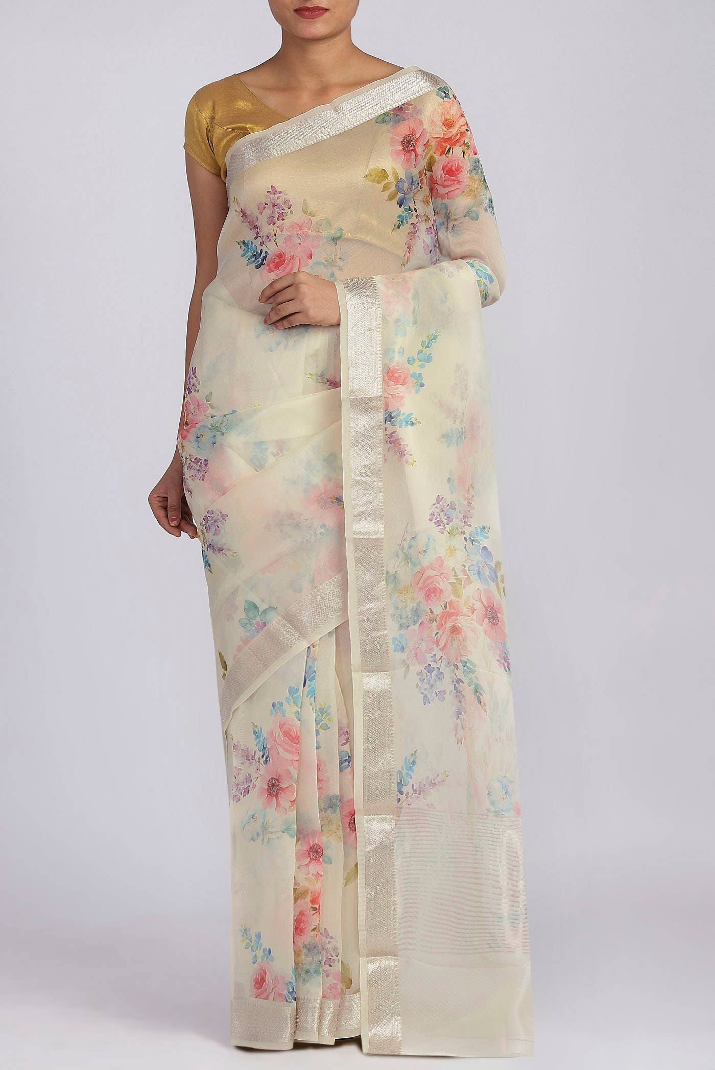 Cream Organza Silk Saree