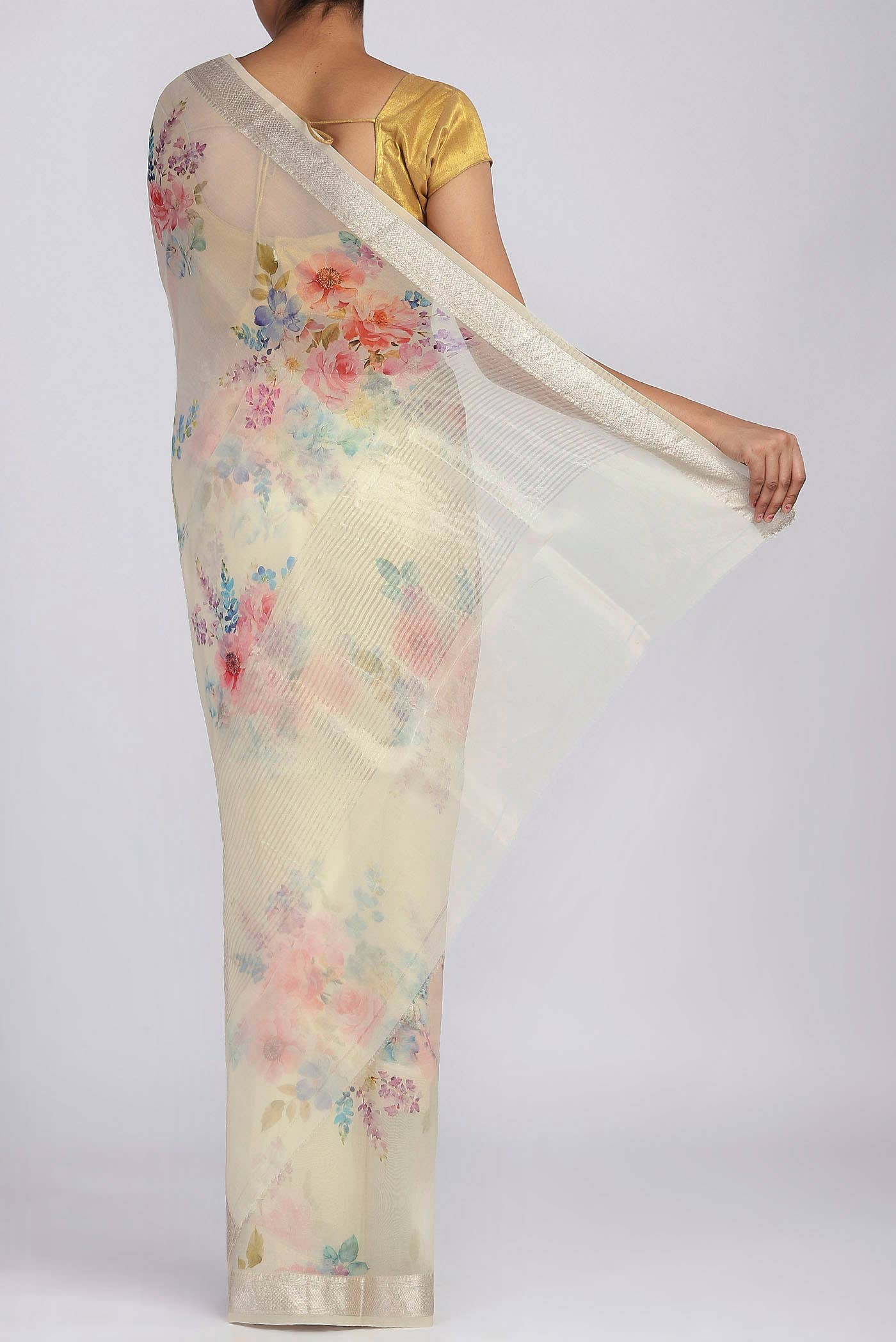 Cream Organza Silk Saree