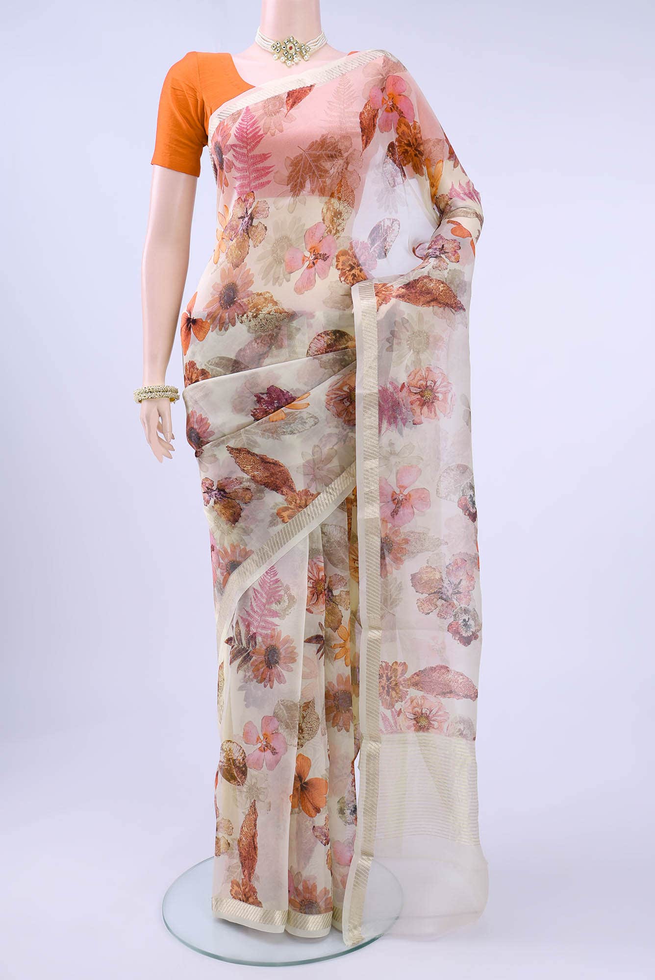 Beige Organza Silk Saree