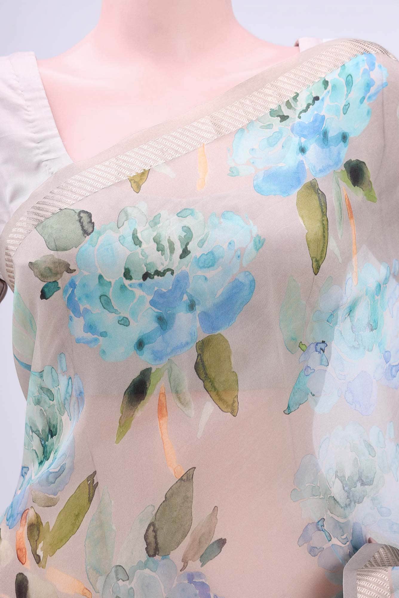 Beige Printed Silk Saree