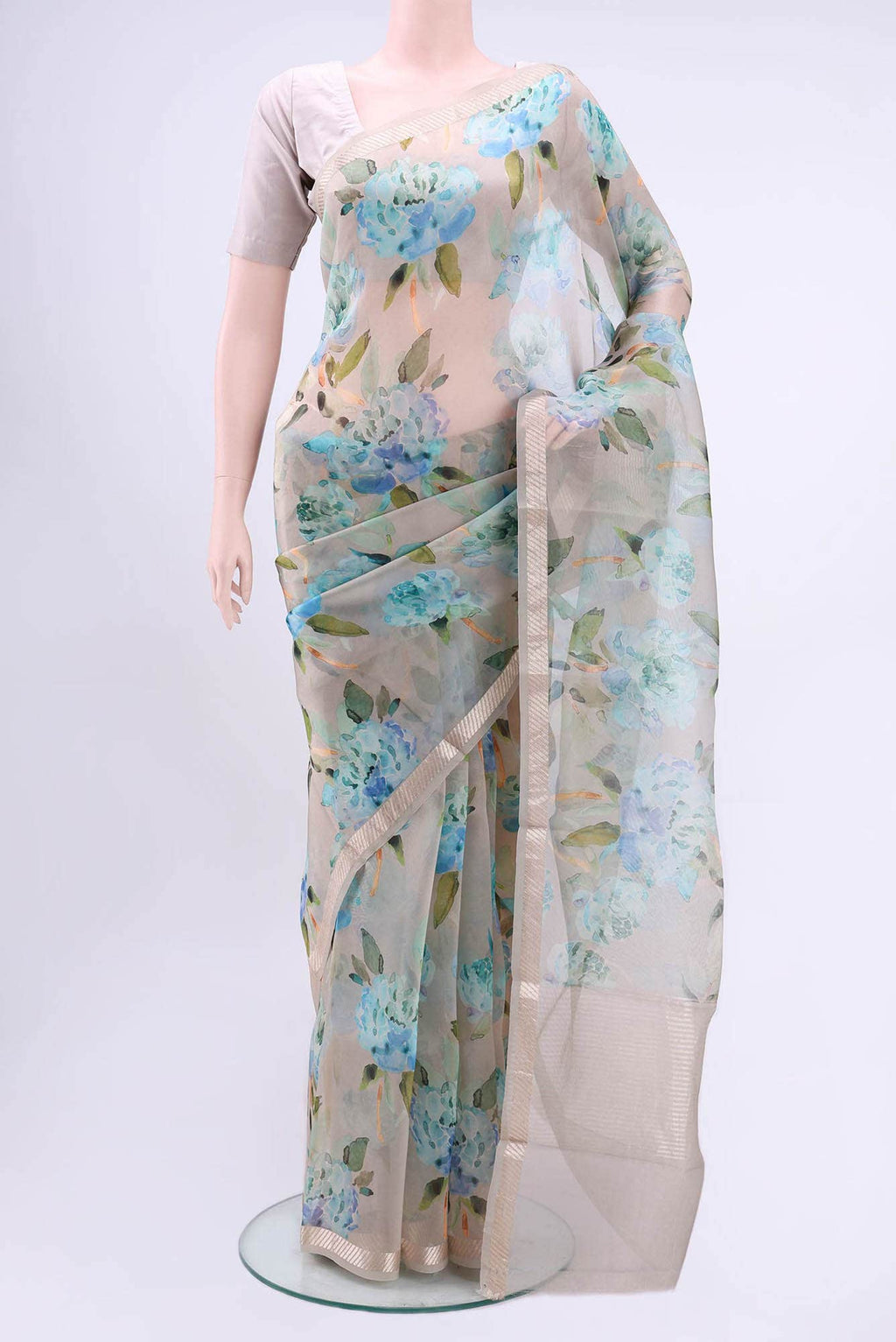 Beige Printed Silk Saree