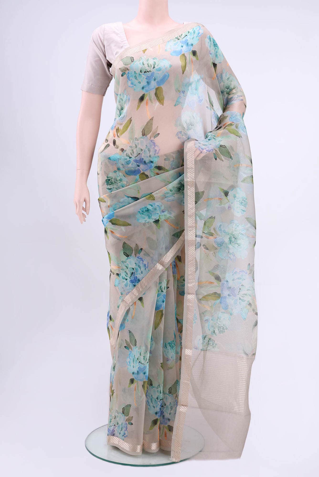 Beige Printed Silk Saree