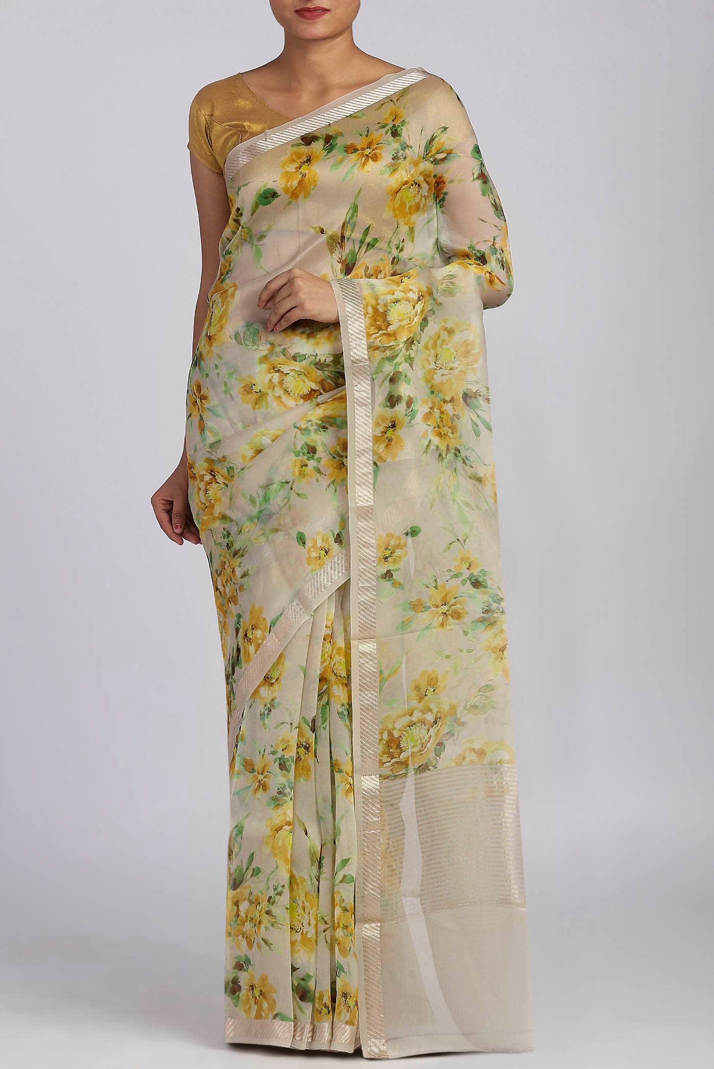 Cream Organza Silk Saree