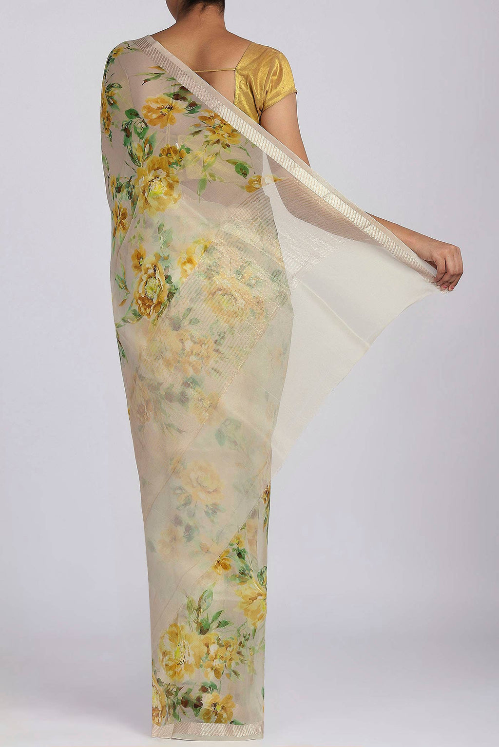 Cream Organza Silk Saree