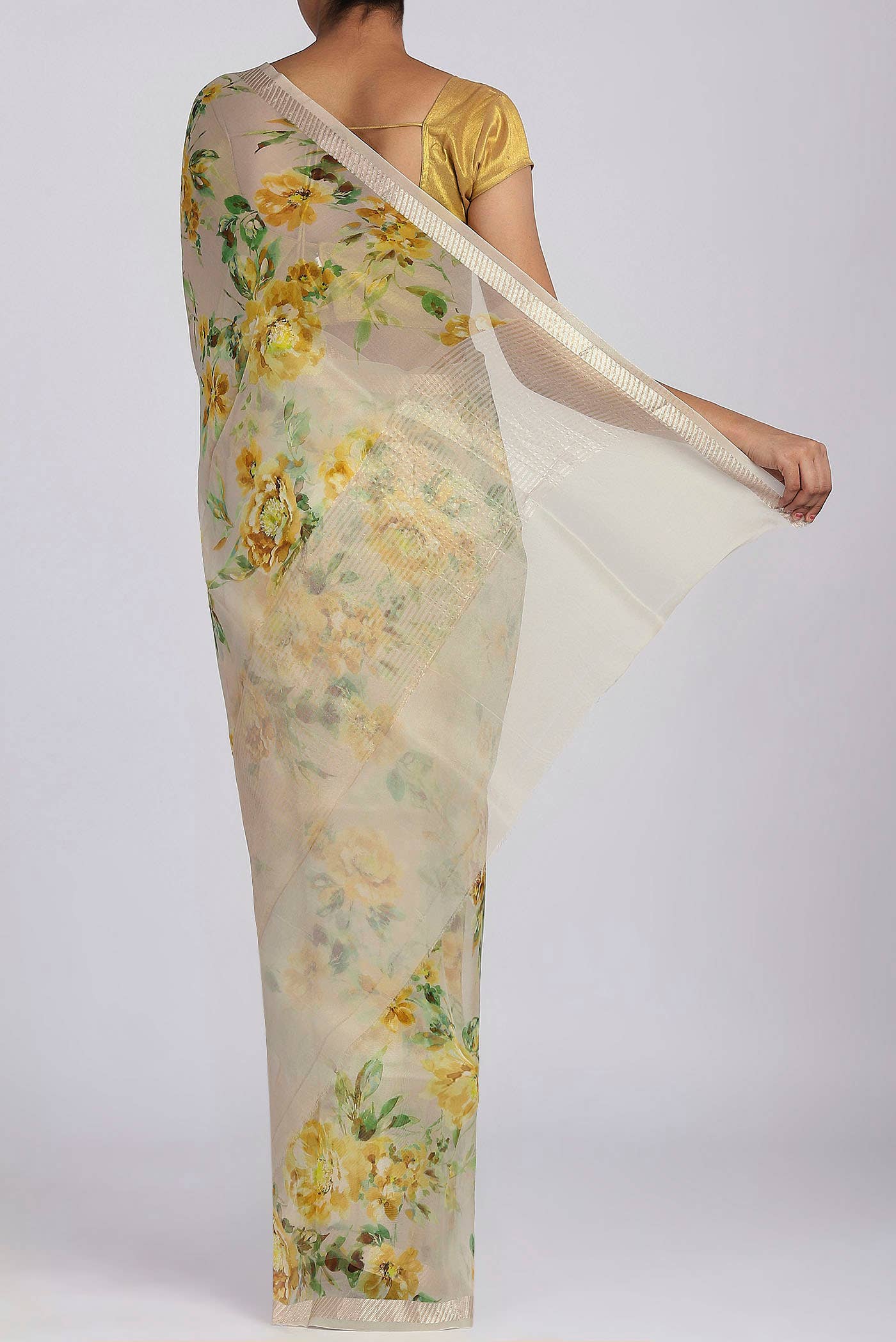 Cream Organza Silk Saree