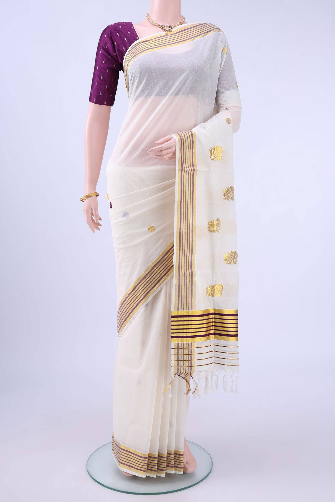 Off White Kerala Cotton - Kasava Saree