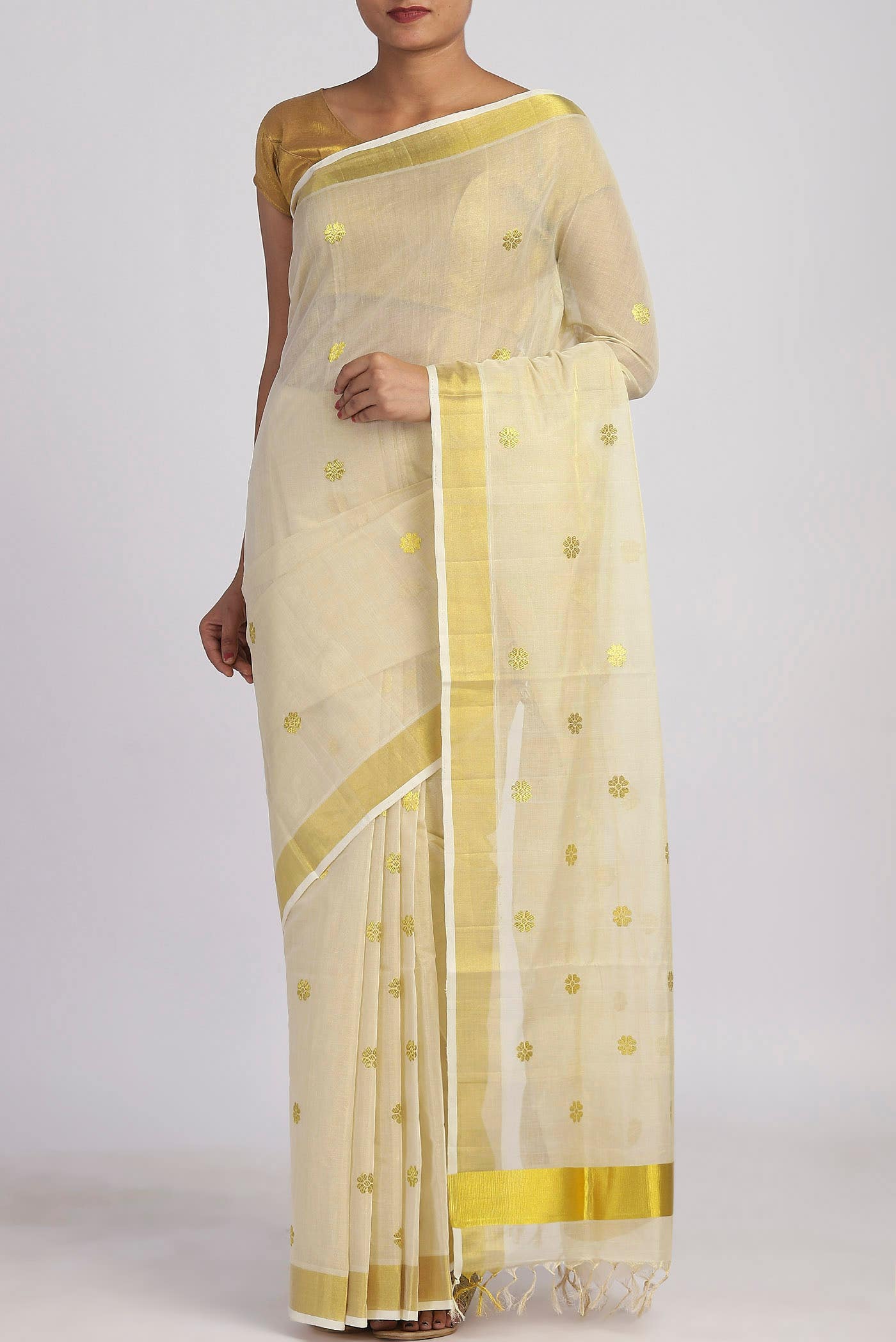 Cream with Gold Dual Tone Kerala Cotton - Kasava Saree