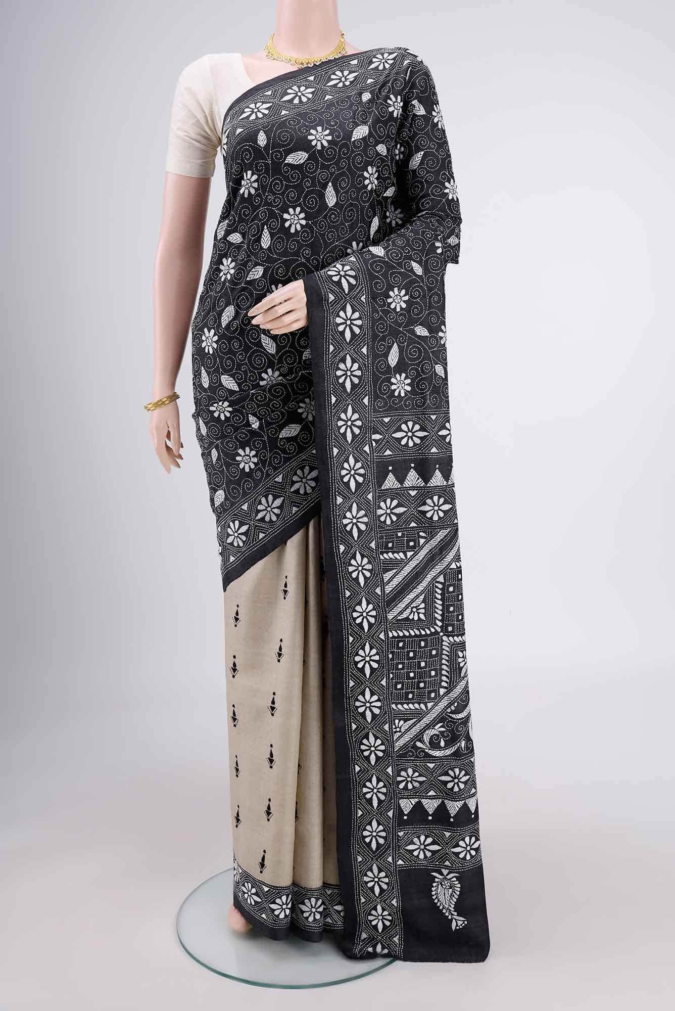 Black Kantha Silk Saree