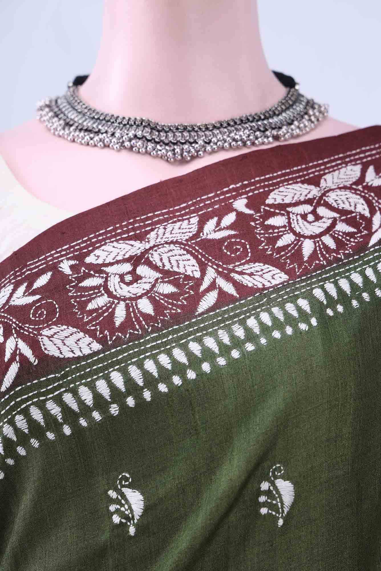 Brown Kantha Silk Saree