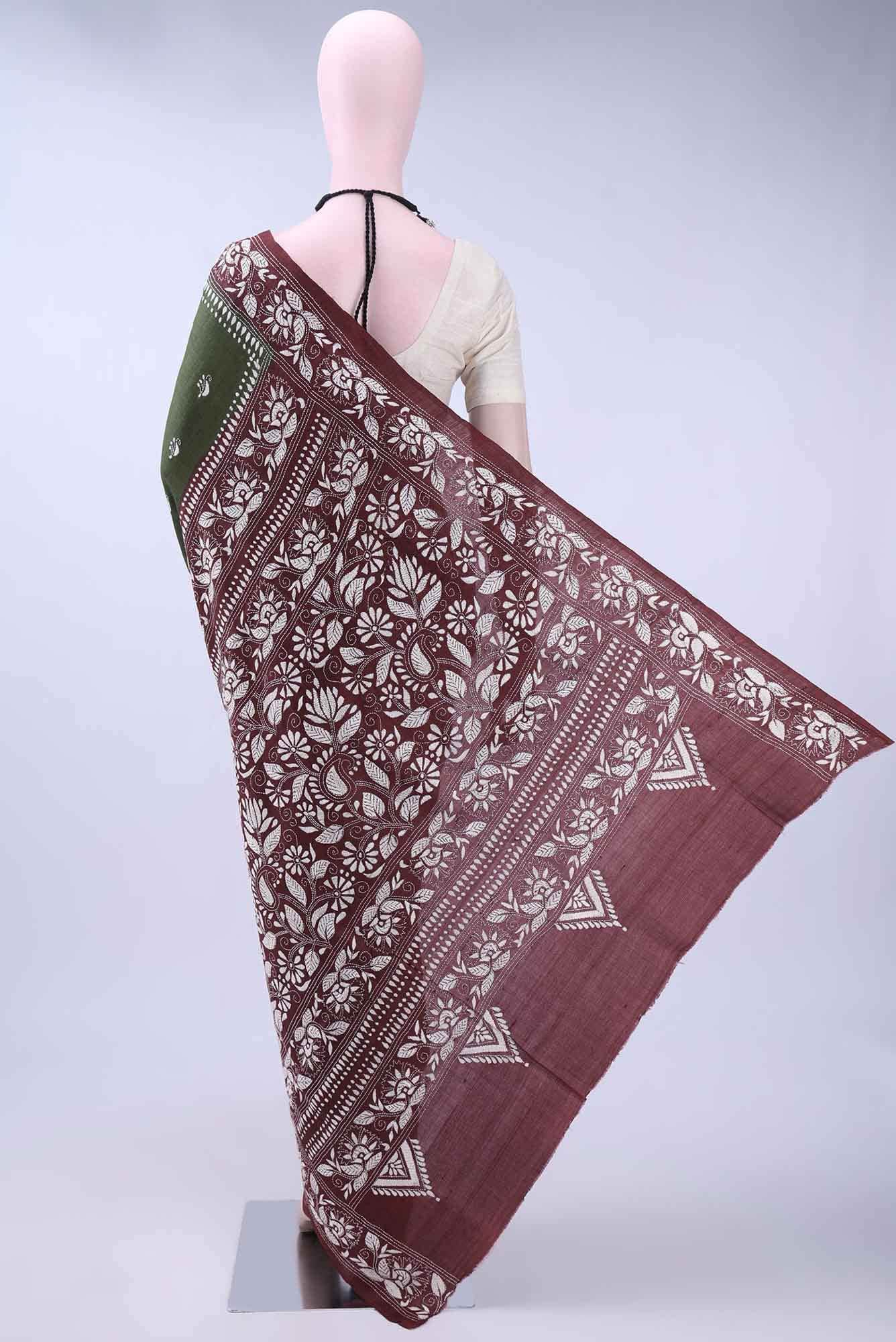 Brown Kantha Silk Saree