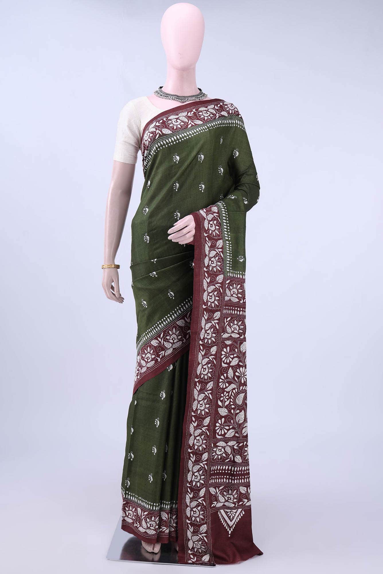 Brown Kantha Silk Saree