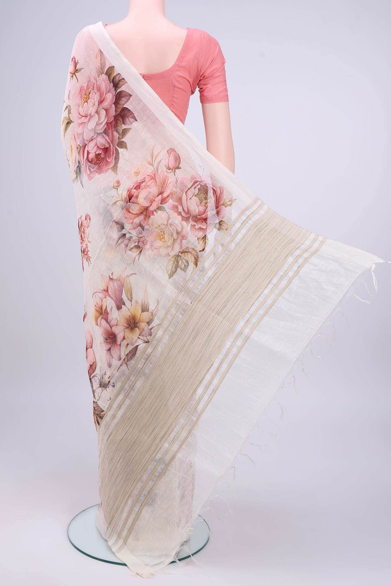 Cream Linen Cotton Saree