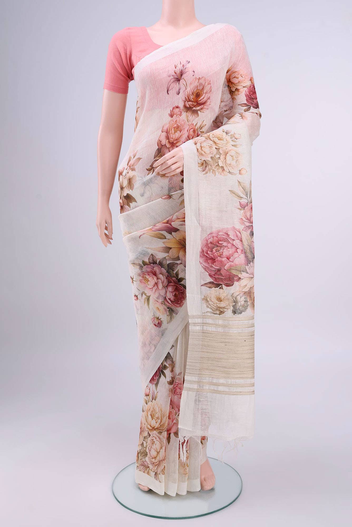 Cream Linen Cotton Saree
