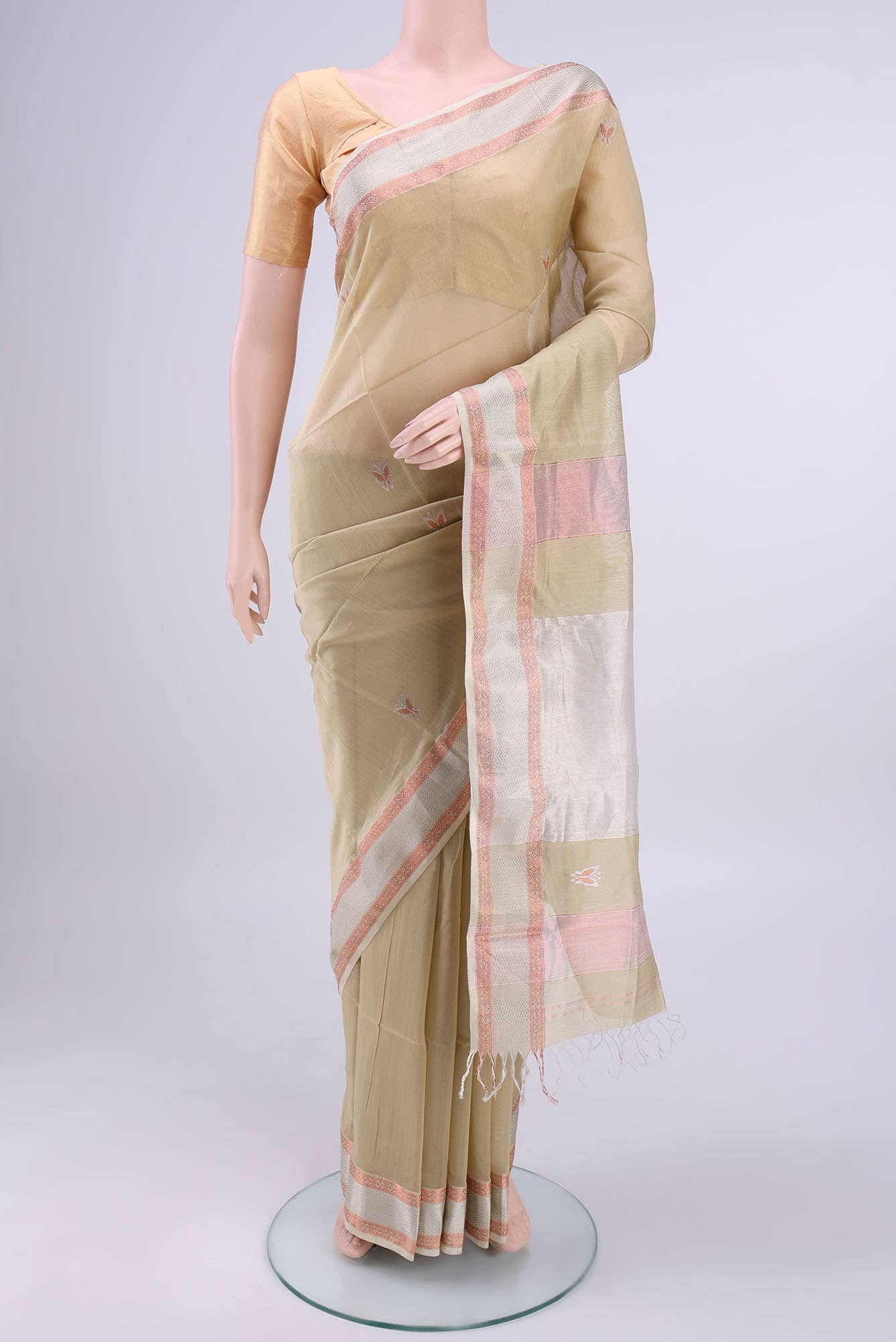 Beige Maheshwari Silk Cotton Saree