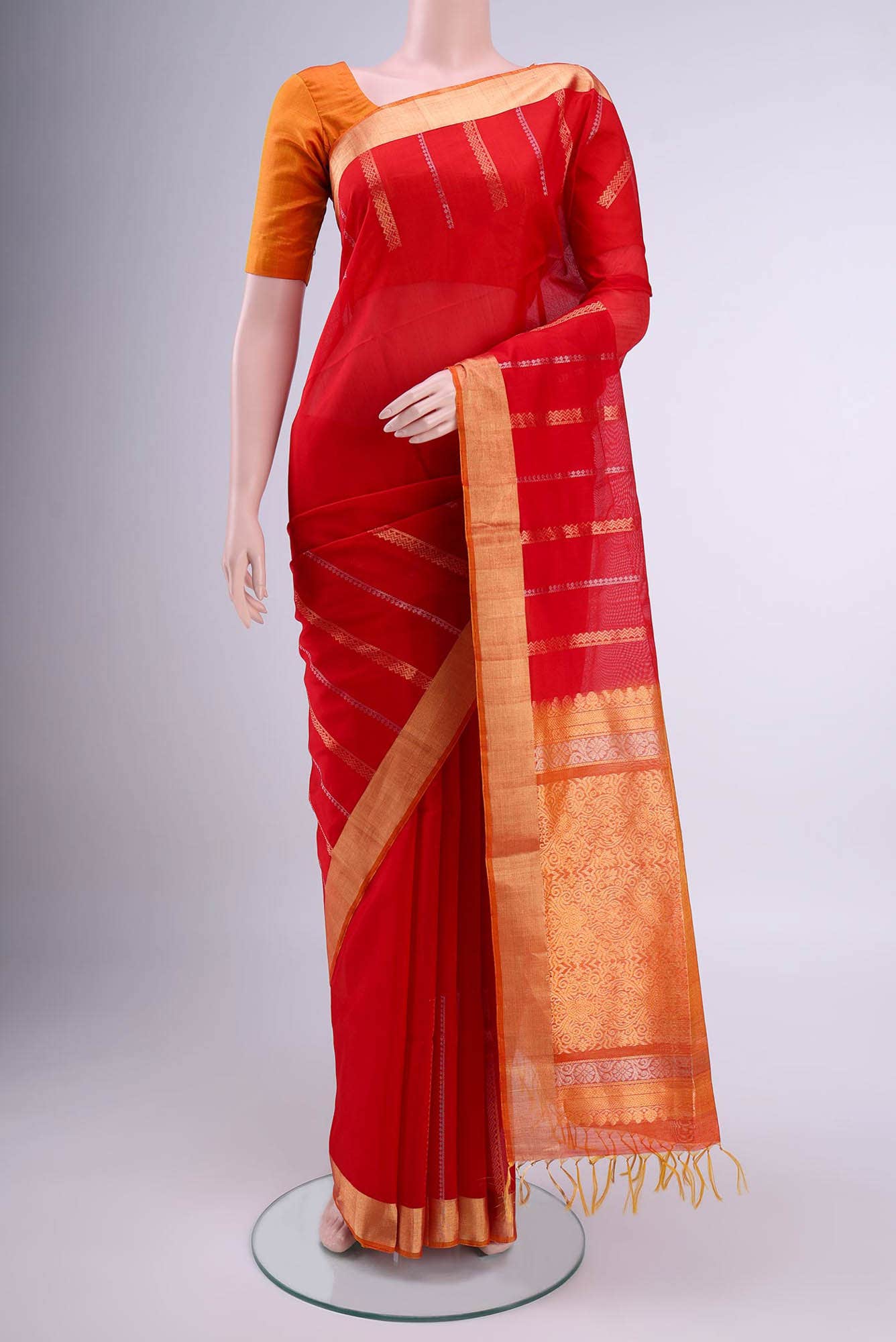 Deep Red Kora Cotton Saree