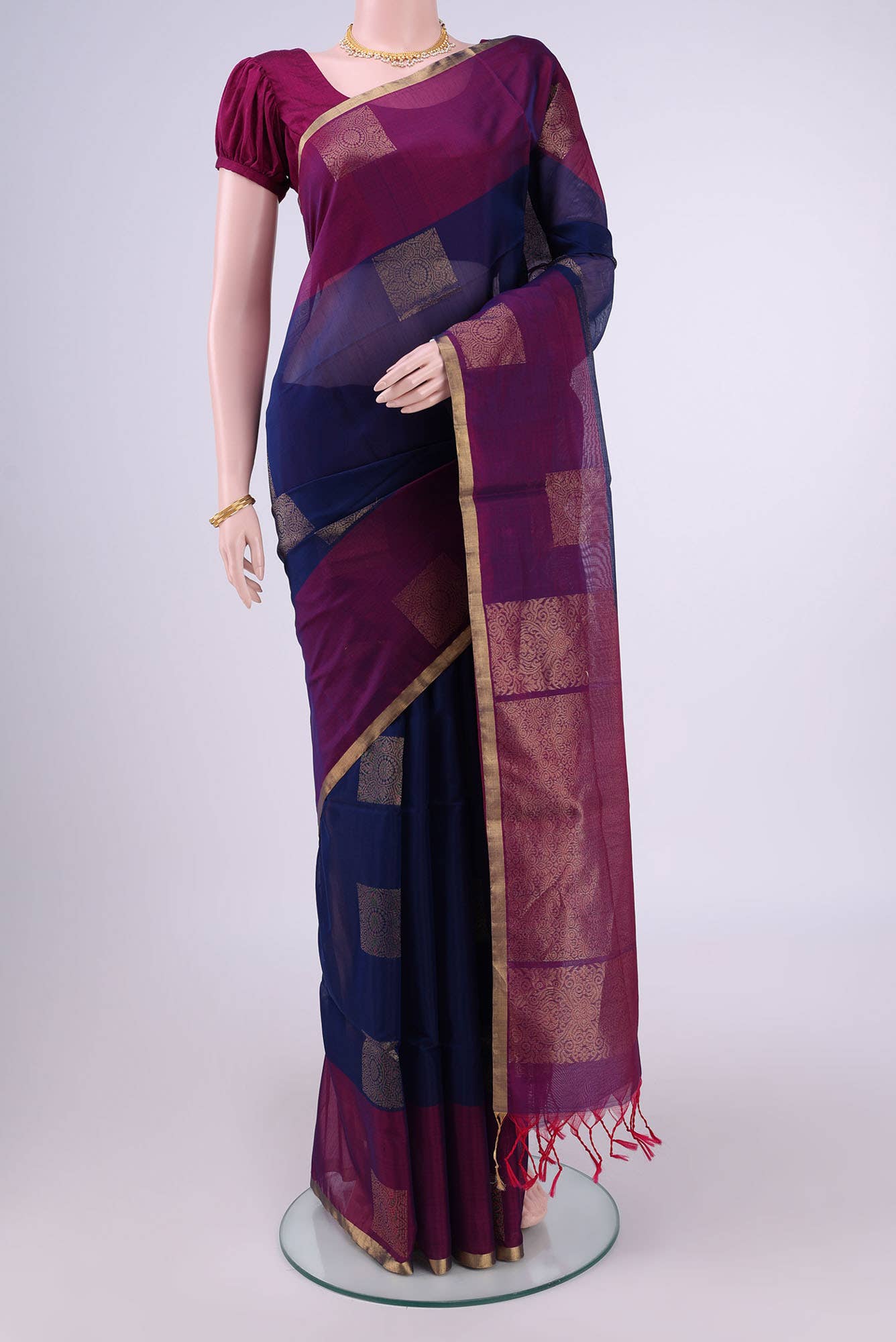 Navy Blue Kora Cotton Saree