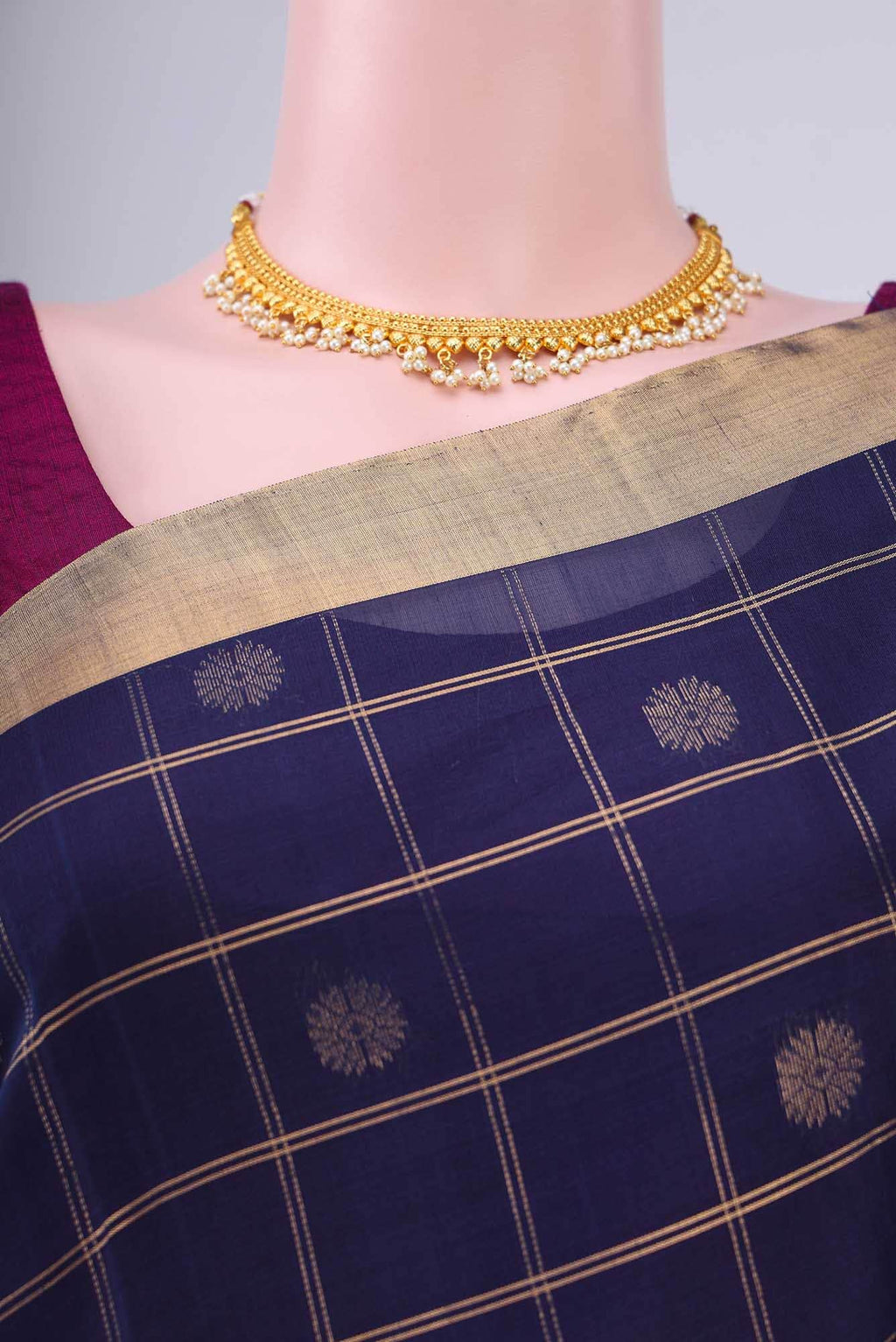 Navy Blue Kora Cotton Saree