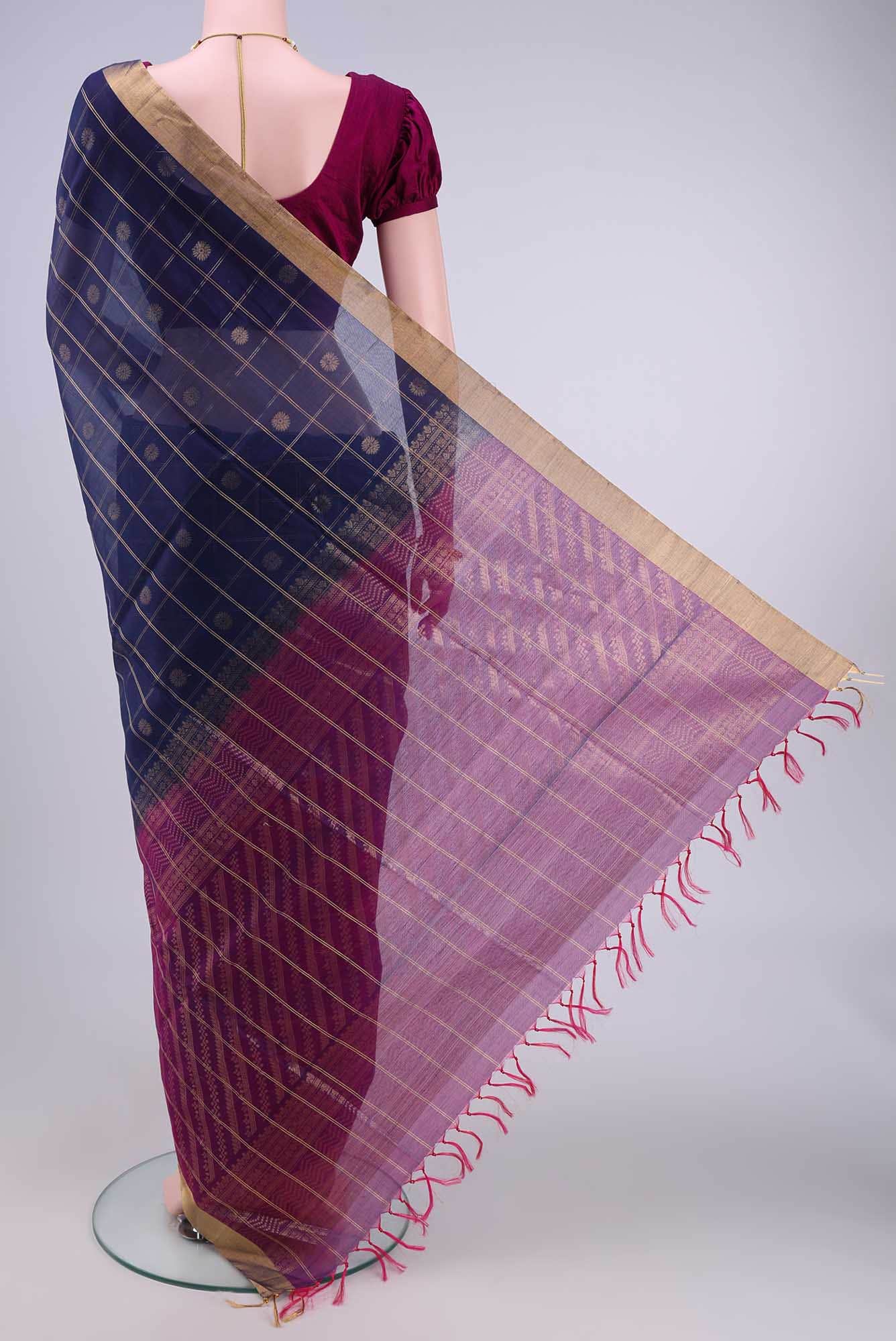 Navy Blue Kora Cotton Saree