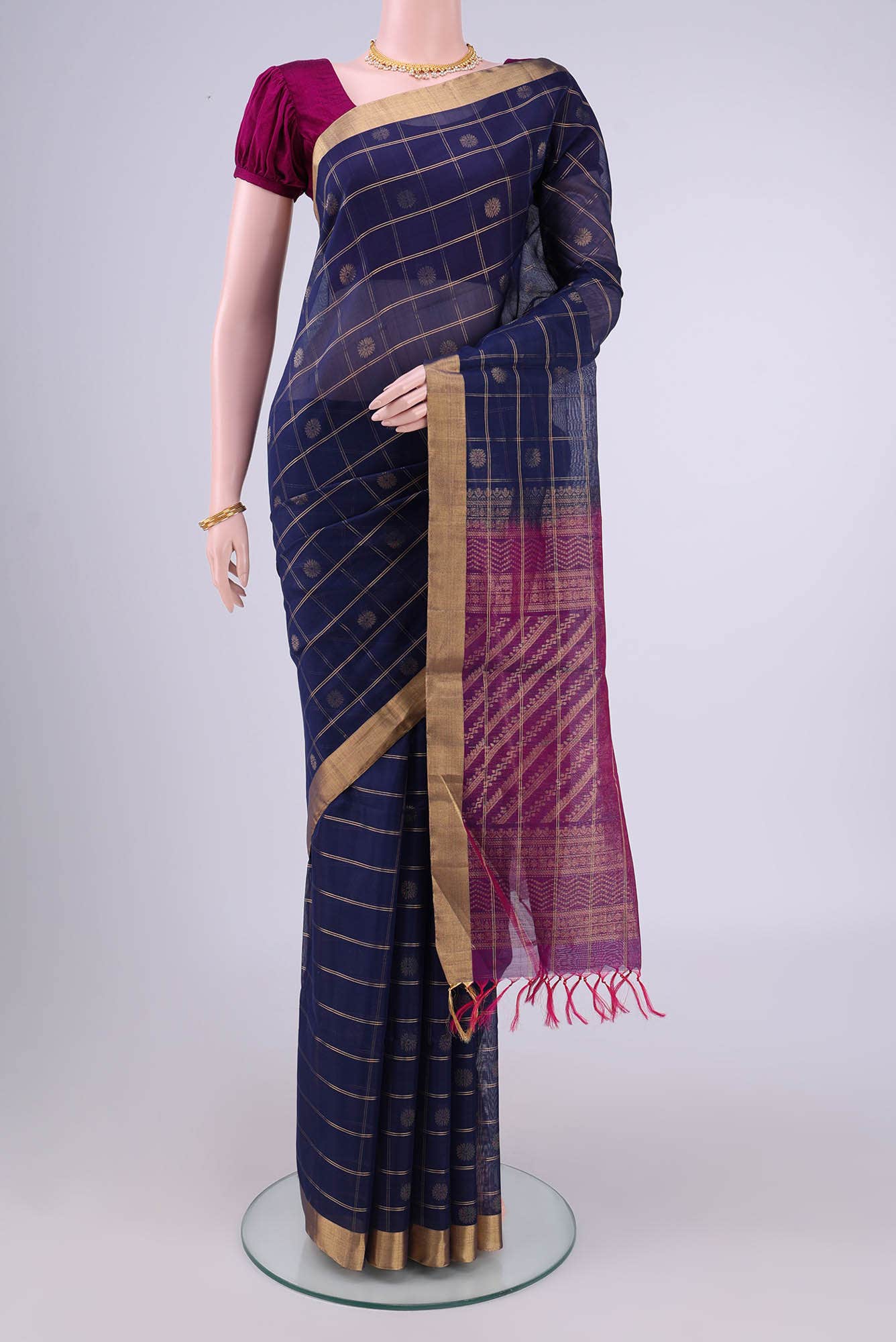 Navy Blue Kora Cotton Saree