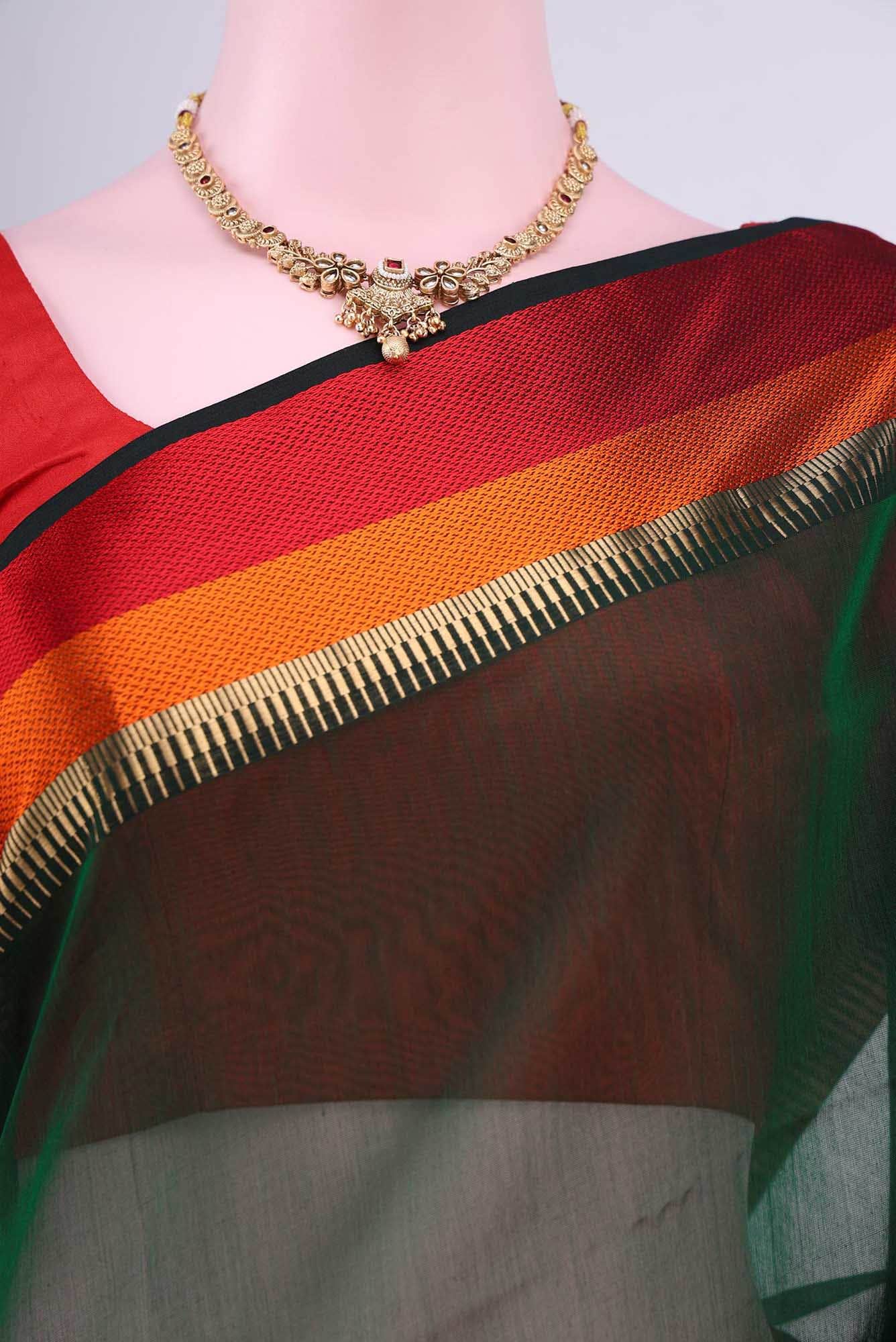 Bottle Green Maheshwari Silk Cotton Saree