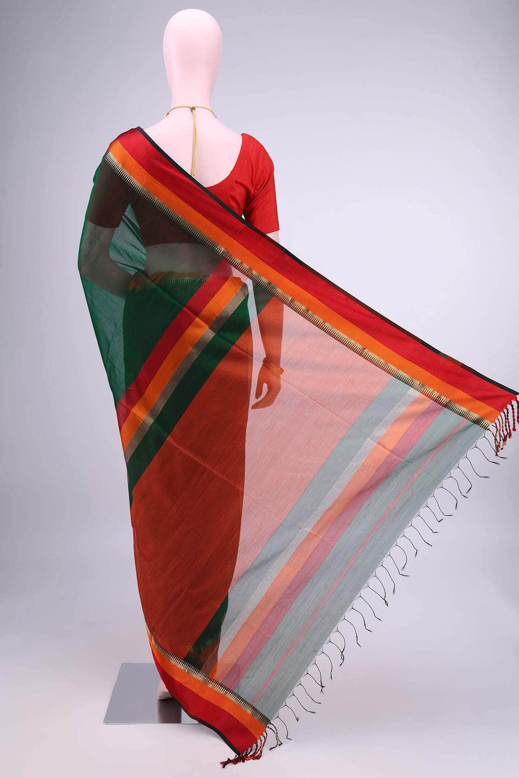 Bottle Green Maheshwari Silk Cotton Saree