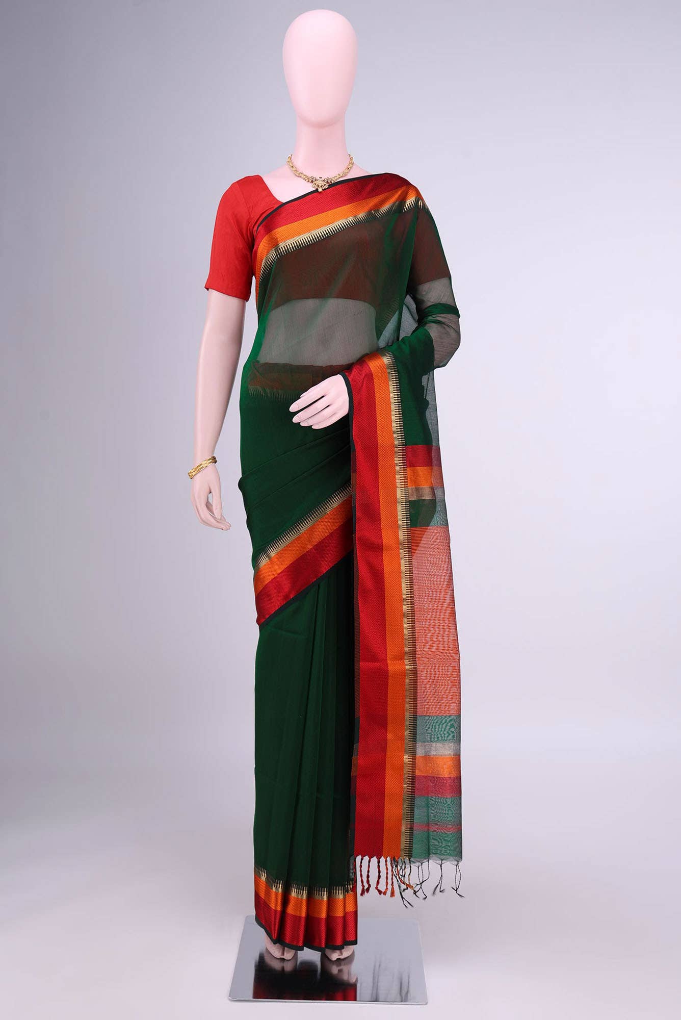 Bottle Green Maheshwari Silk Cotton Saree