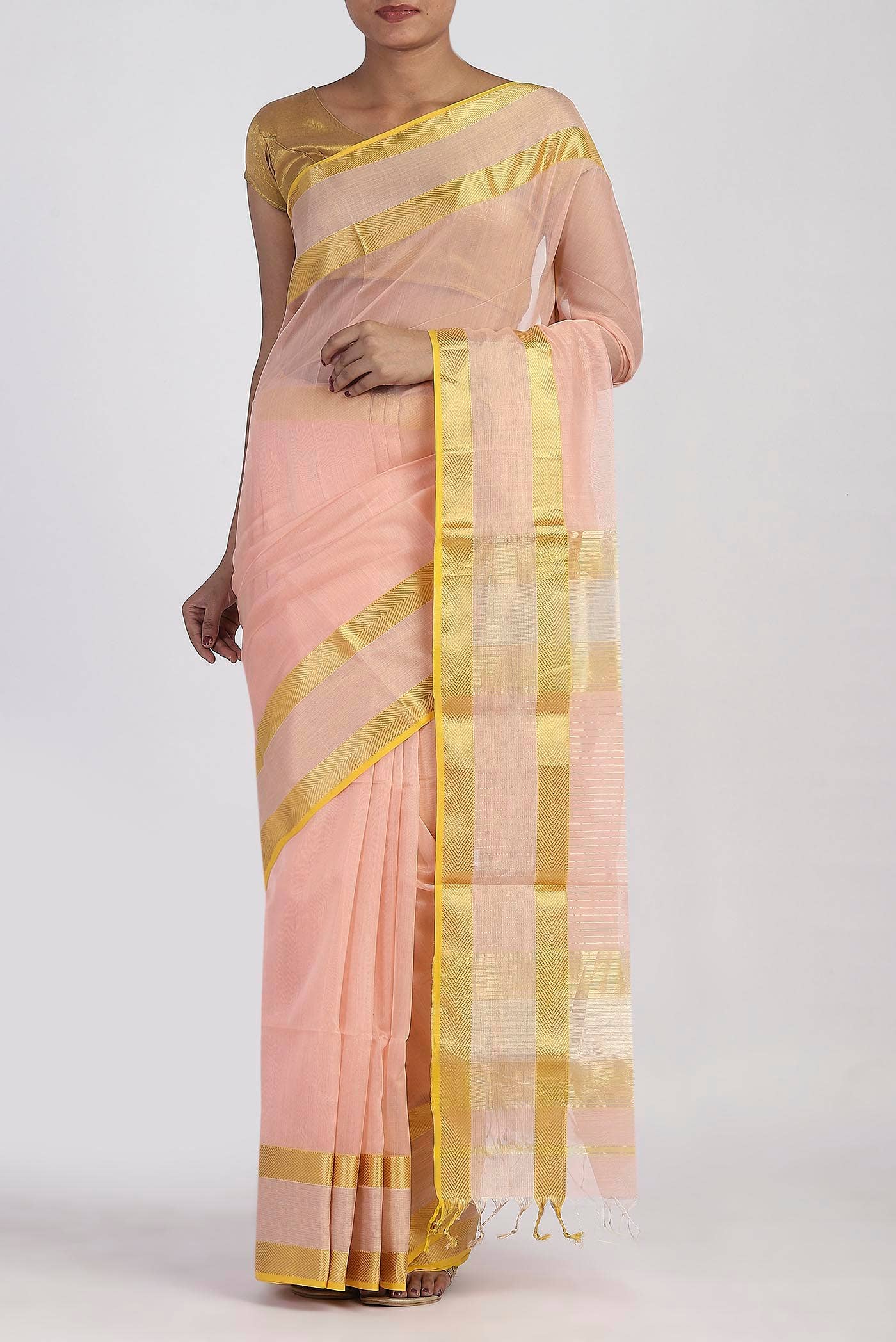 Peach Maheshwari Silk Cotton Saree