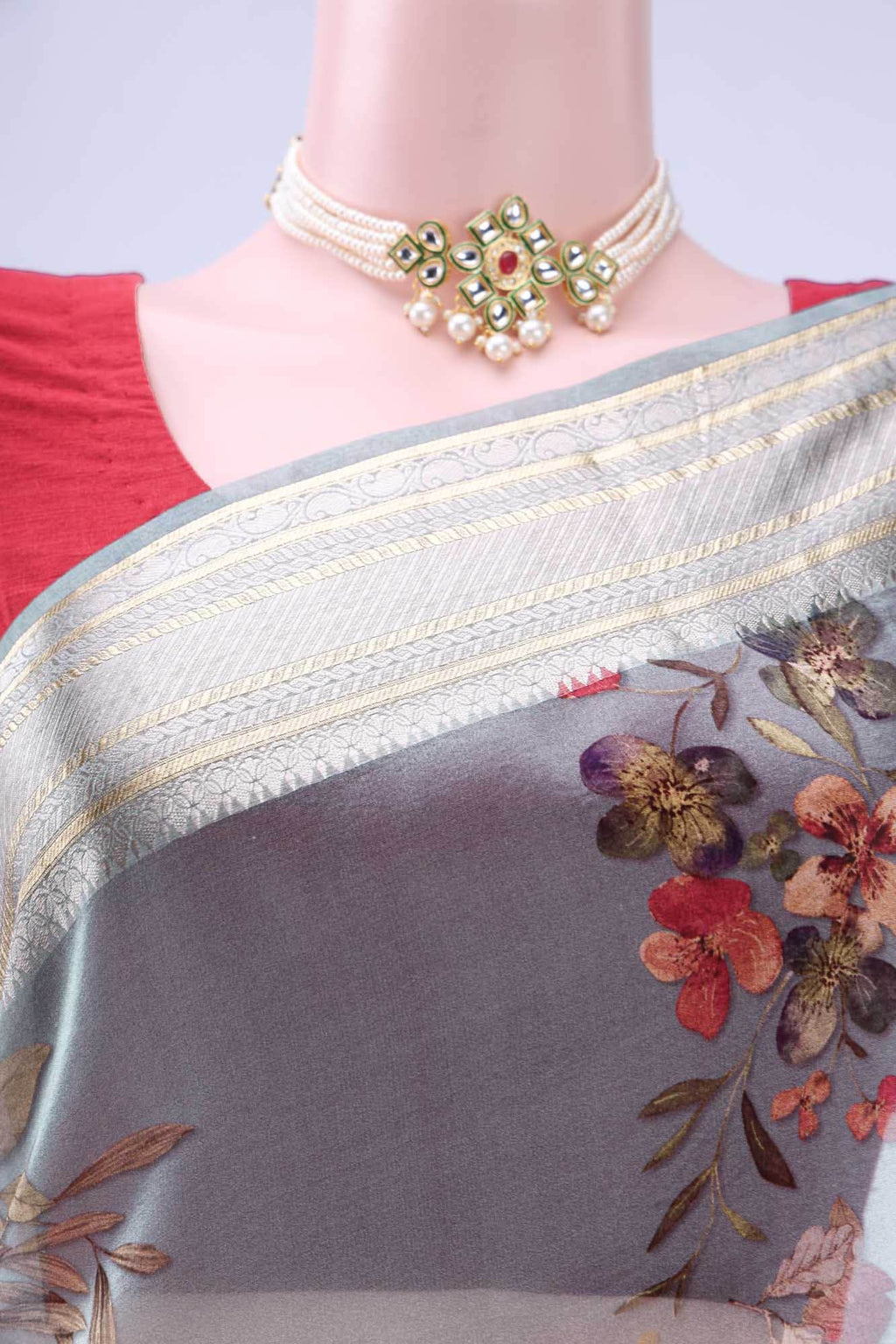Blue Grey Organza Silk Saree