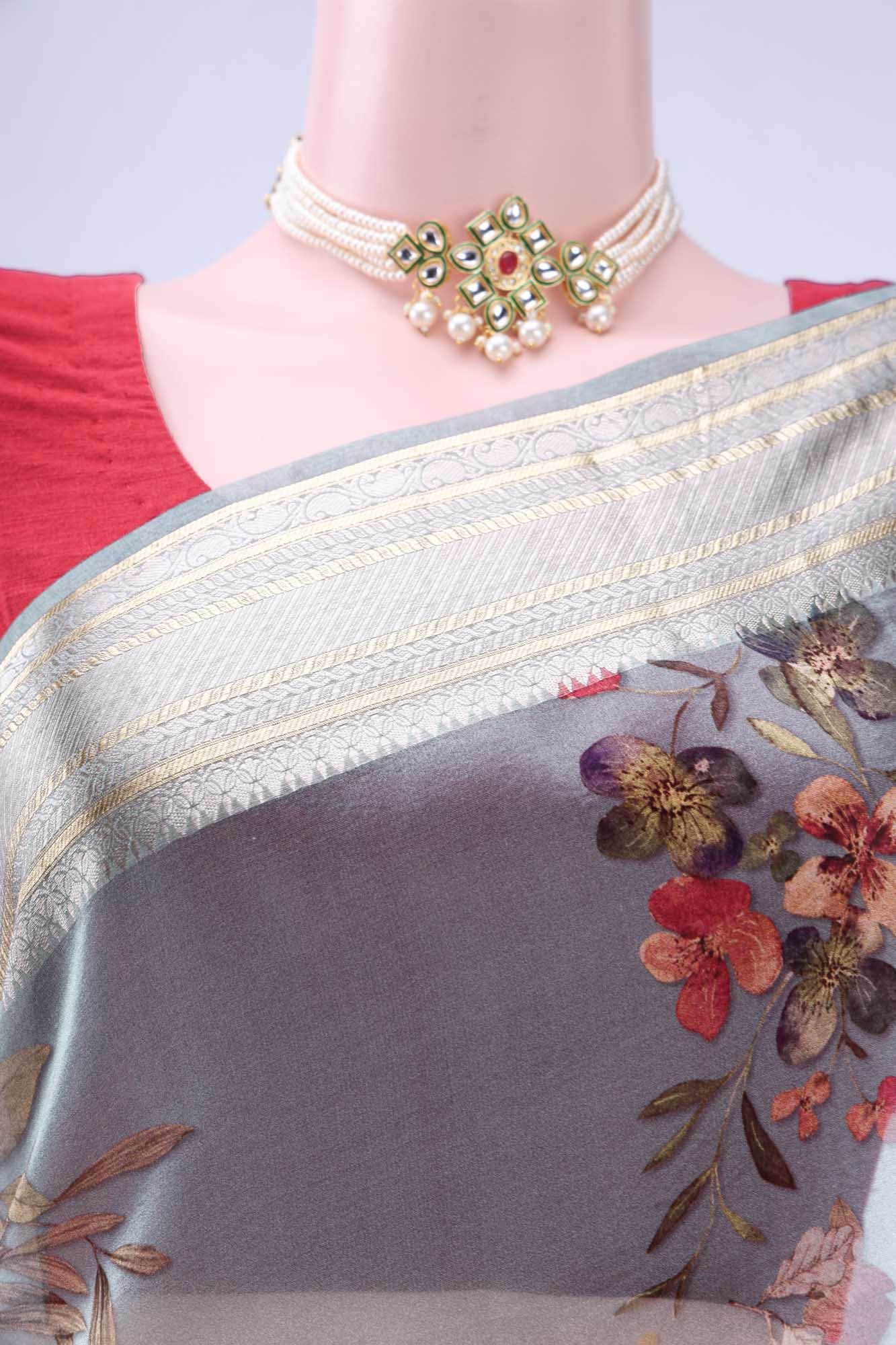 Blue Grey Organza Silk Saree